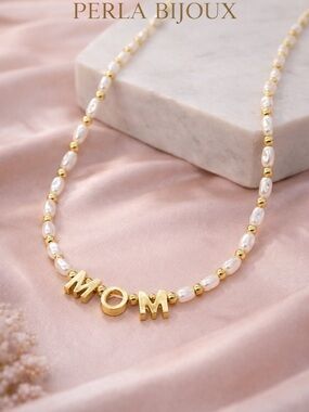 Gold & White 'MOM' Pearl Beaded Necklace